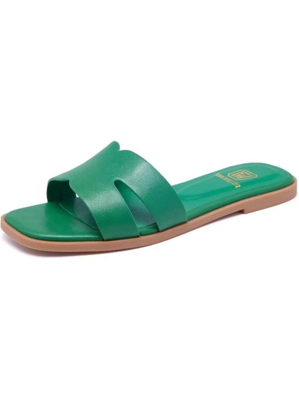 Women's Green Flat Comfortable Slides Fashion Square Open Toe Slip Beach Sandal